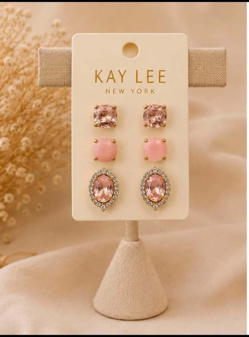 Kaylee 3-Pair Blush Pink Stud Earring Set Crystal, Faceted & Rhinestone Gold